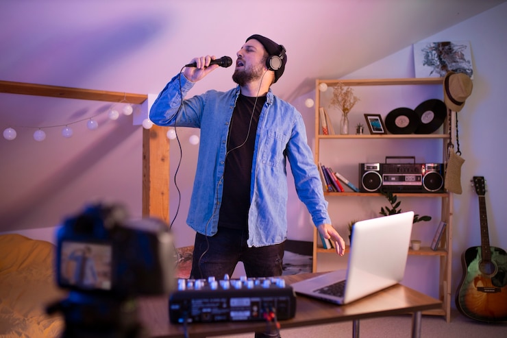 Foto gratuito vista frontal hombre haciendo música en el dormitorio