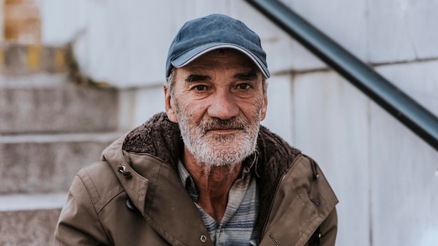 Vista frontal del hombre sin hogar con barba