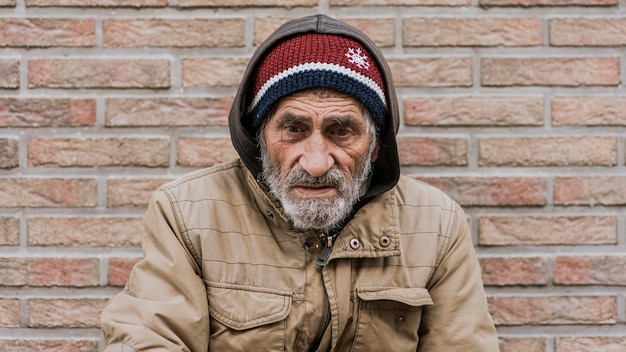 Vista frontal del hombre sin hogar delante de la pared
