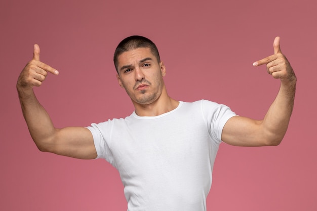 Vista frontal hombre joven con camisa blanca posando con expresión de dedo sobre fondo rosa