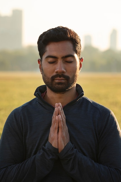 Vista frontal del hombre meditando al aire libre