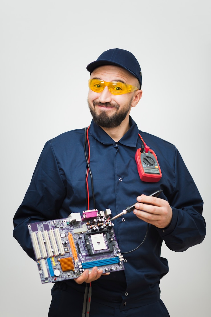 Foto gratuito vista frontal hombre reparando una computadora