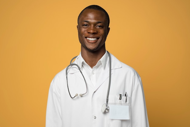 Foto gratuita vista frontal hombre sonriente con bata de laboratorio