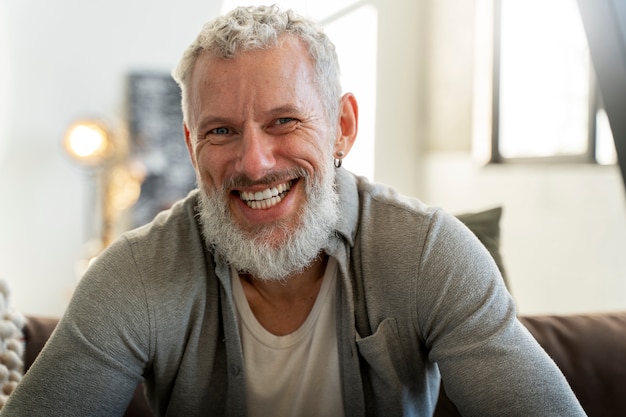 Foto gratuita vista frontal hombre sonriente relajante en casa