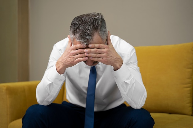 Foto gratuita vista frontal hombre triste en el trabajo