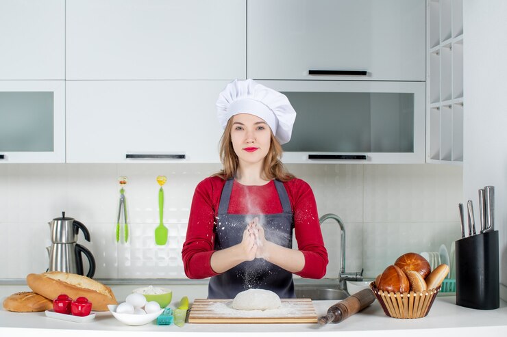 Foto gratuito vista frontal joven cocinera con sombrero de cocinero y delantal aplaudiendo con harina en la cocina