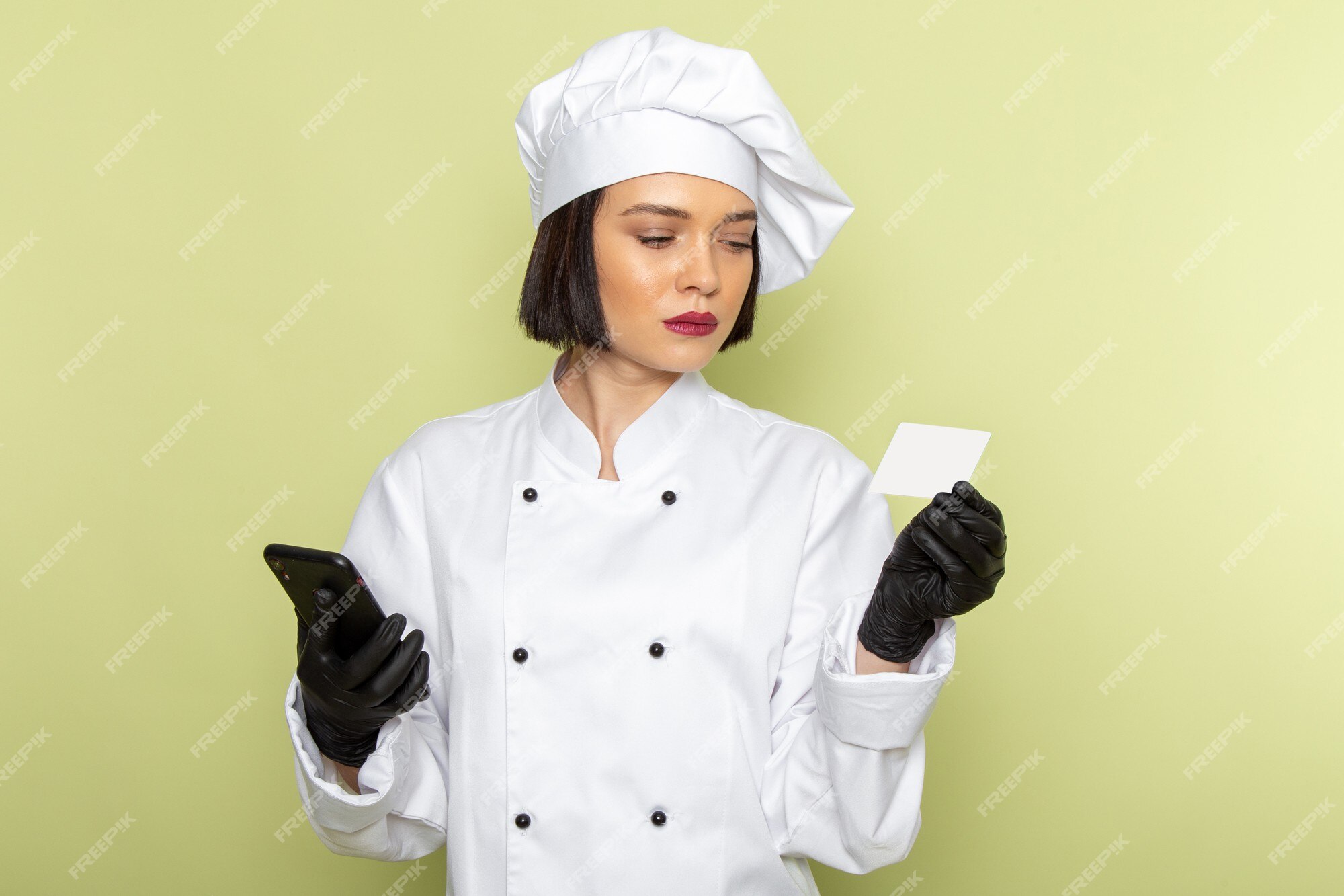 Similar orden Adentro Una vista frontal joven cocinera en traje de cocinero blanco y gorra con  guantes usando el teléfono en la pared verde dama trabajo color de  alimentos | Foto Gratis