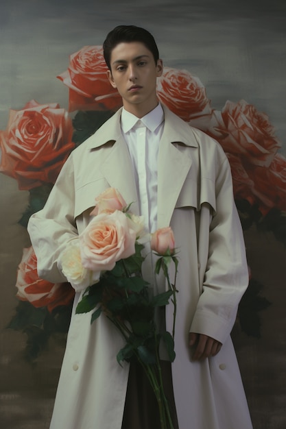 Foto gratuita vista frontal joven posando con rosas