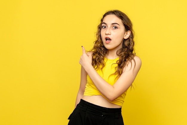 Vista frontal de la joven sorprendida en la pared amarilla