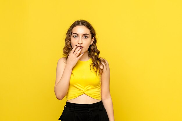 Vista frontal de la joven sorprendida en la pared amarilla