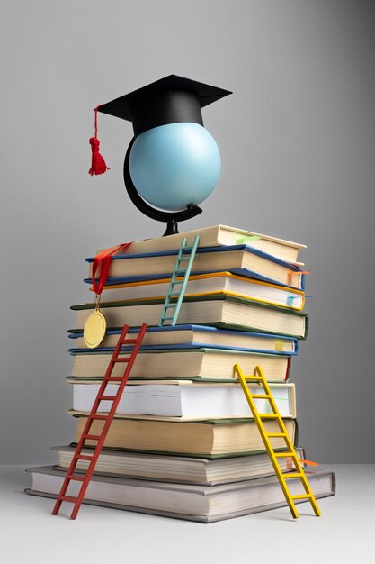 Vista frontal de libros apilados, un gorro de graduación y escaleras para el día de la educación