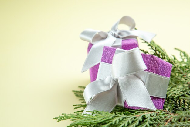 Vista frontal lindos pequeños regalos con ramas verdes en mesa blanca clara