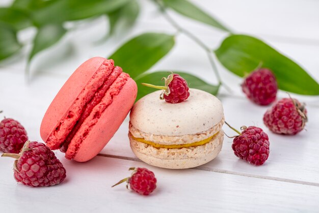 Vista frontal de macarons con frambuesas sobre una superficie blanca