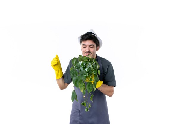 Vista frontal macho joven en guantes amarillos sosteniendo planta sobre fondo blanco jardín de flores hierba árbol jardinero trabajo arbusto