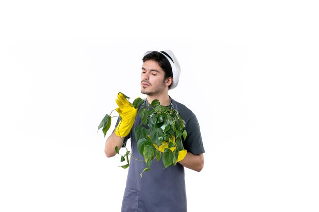 Vista frontal macho joven en guantes amarillos sosteniendo planta sobre fondo blanco jardín de flores hierba árbol jardinero trabajo verde arbusto