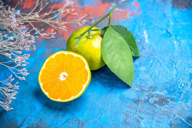 Vista frontal de mandarina fresca con hojas y mandarina cortada sobre fondo azul espacio libre