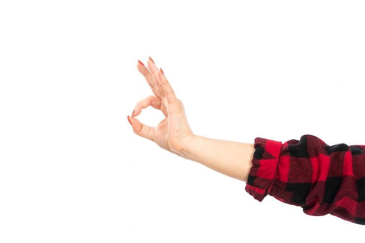 Foto gratuito una vista frontal mano femenina en camisa a cuadros negro-rojo que muestra bien signo en el blanco