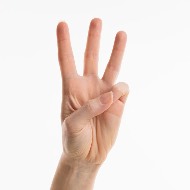 Vista frontal de la mano que muestra el número tres