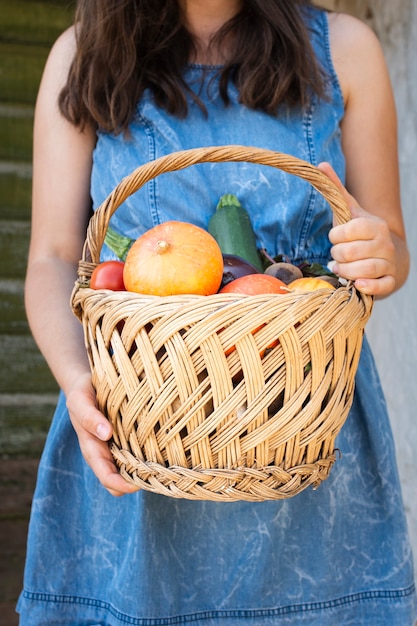 Foto gratuita vista frontal manos sosteniendo la cesta con verduras