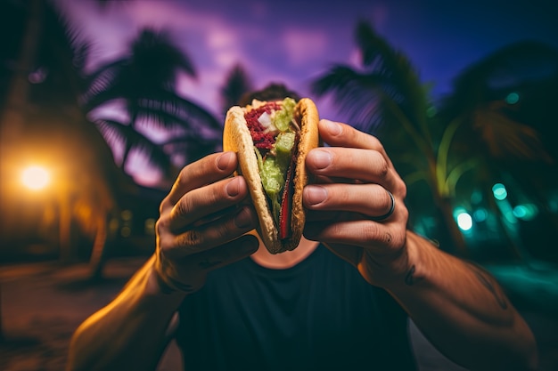 Vista frontal de las manos sosteniendo un delicioso taco