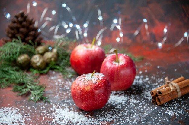 Vista frontal manzanas rojas canela palitos de coco en polvo en la oscuridad