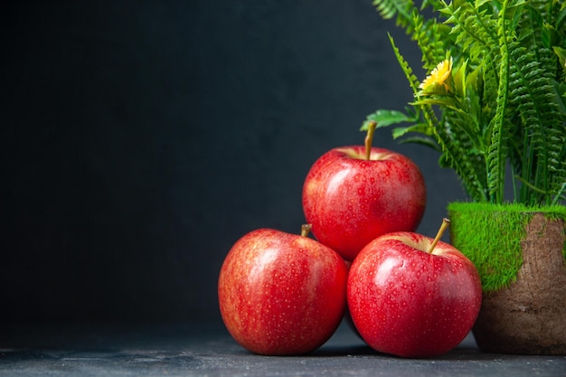 Vista frontal manzanas rojas frescas con planta verde sobre fondo oscuro color suave pera comida madura vitamina dieta manzanas