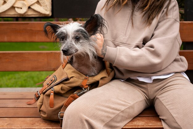 Vista frontal mujer con cachorro en bolsa