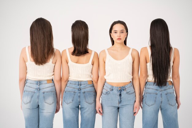 Vista frontal de la mujer en camiseta sin mangas y jeans de pie junto a otras mujeres con la espalda vuelta