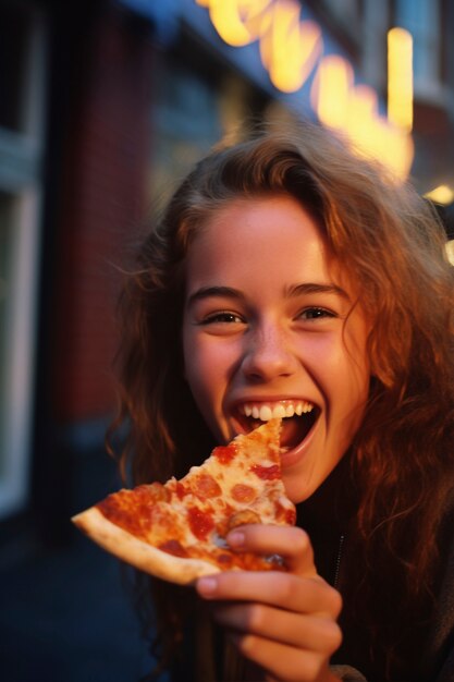 Vista frontal mujer comiendo deliciosa pizza