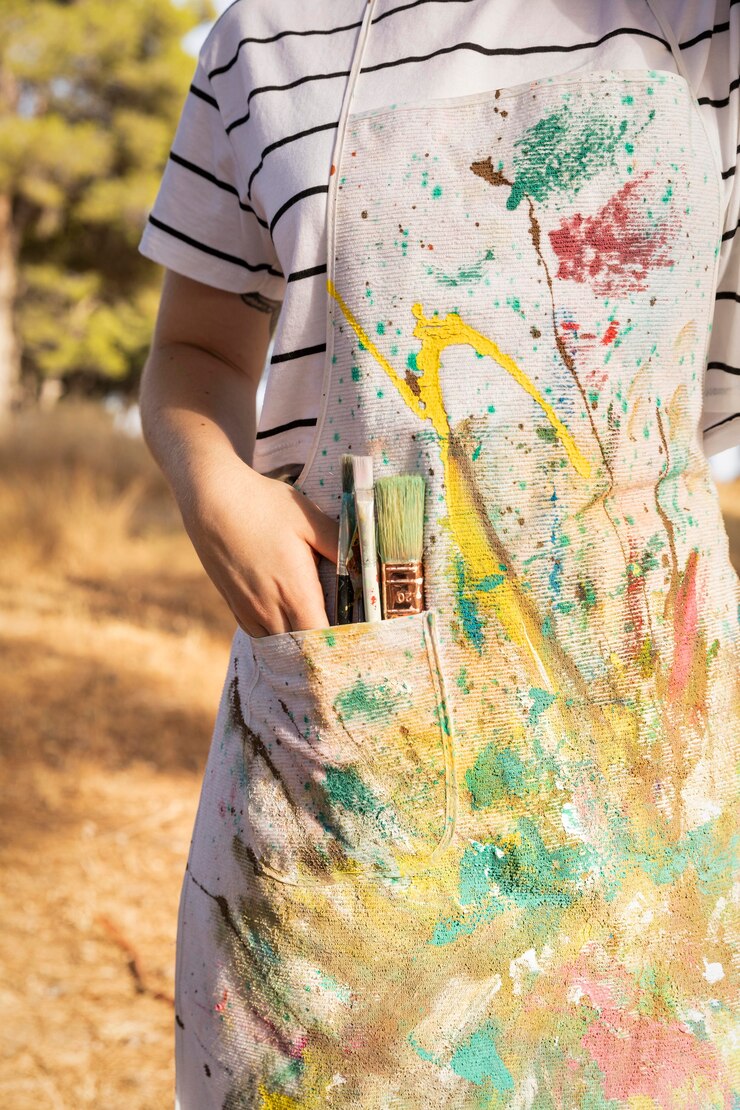 Foto gratuito vista frontal de la mujer con delantal lleno de pintura