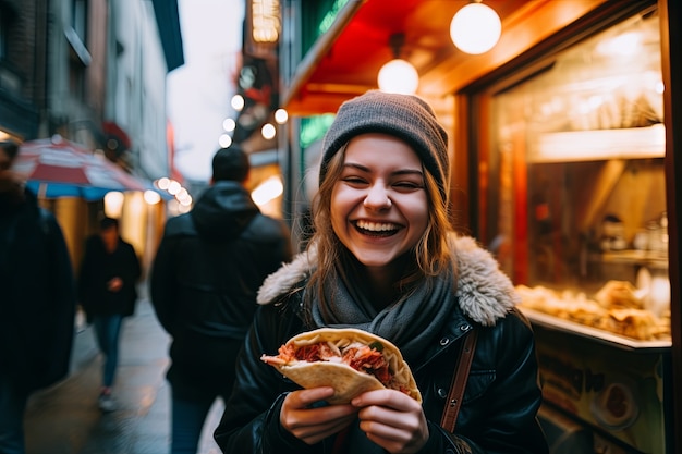 Foto gratuita vista frontal de una mujer con un delicioso taco