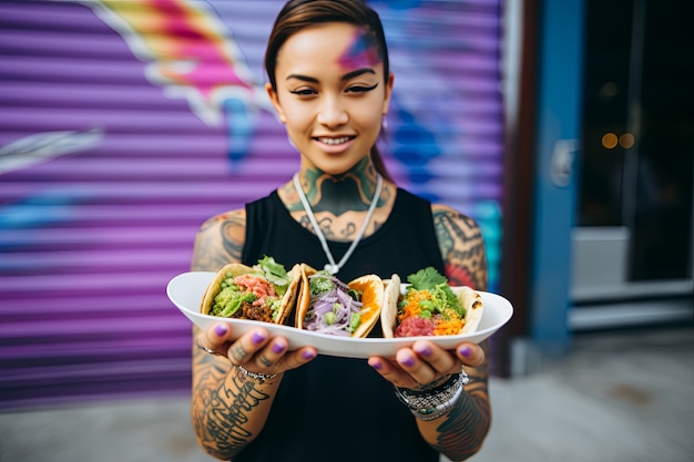 Vista frontal de una mujer con un delicioso taco