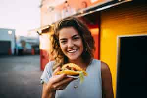 Foto gratuita vista frontal de una mujer con un delicioso taco