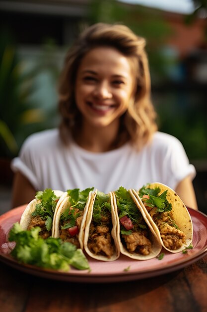 Vista frontal mujer con deliciosos tacos