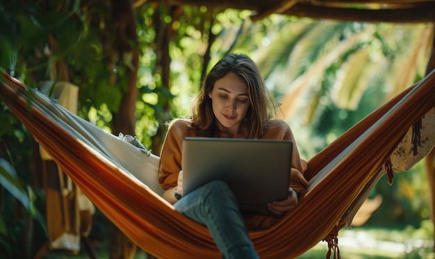 Foto gratuita vista frontal mujer en hamaca trabajando