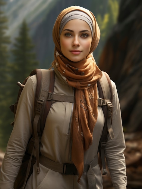 Foto gratuita vista frontal de una mujer islámica haciendo senderismo