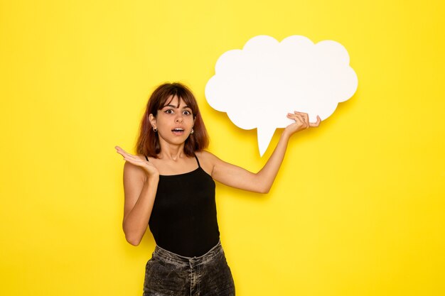 Vista frontal de la mujer joven en camisa negra con gran cartel blanco en la pared de color amarillo claro