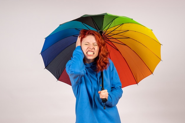 Vista frontal de la mujer joven con paraguas de colores en la pared blanca