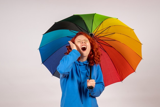 Vista frontal de la mujer joven con paraguas de colores en la pared blanca