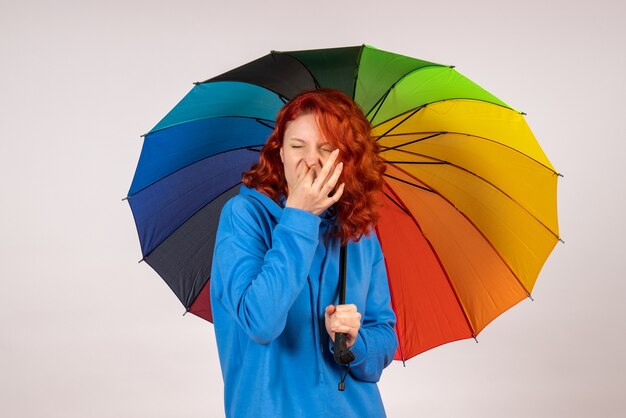 Vista frontal de la mujer joven con paraguas de colores en la pared blanca