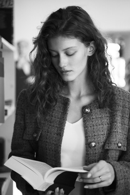 Vista frontal mujer leyendo libro en blanco y negro