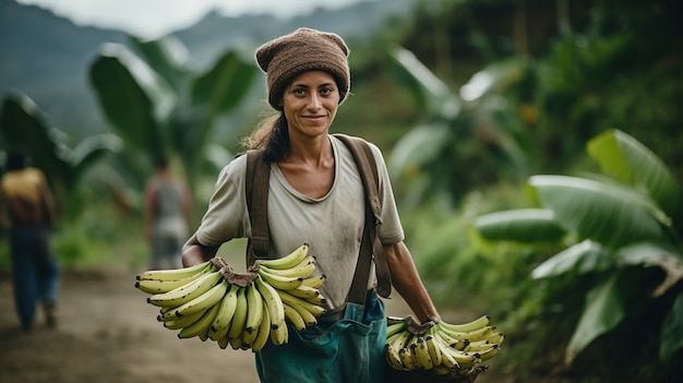 Vista frontal mujer con plátanos