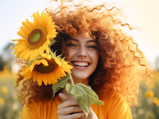 Vista frontal de una mujer posando con girasol