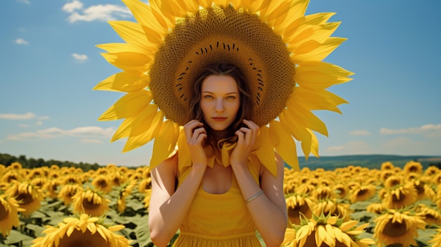 Vista frontal de una mujer posando con girasol