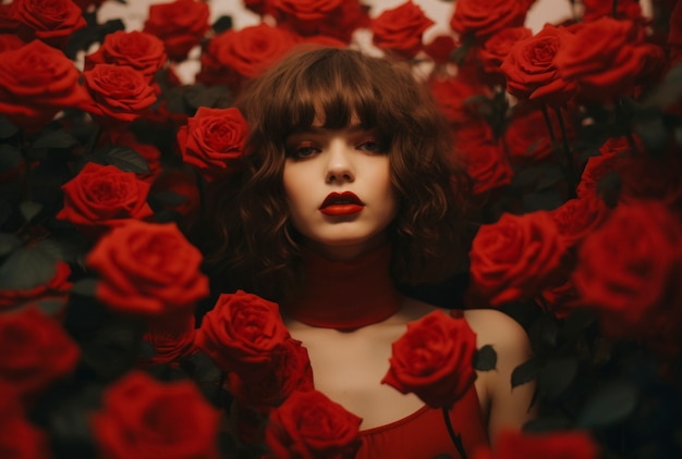 Vista frontal mujer posando con hermosas rosas