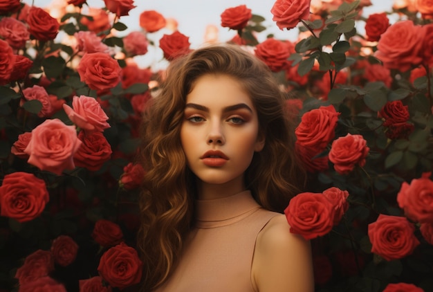 Vista frontal mujer posando con hermosas rosas