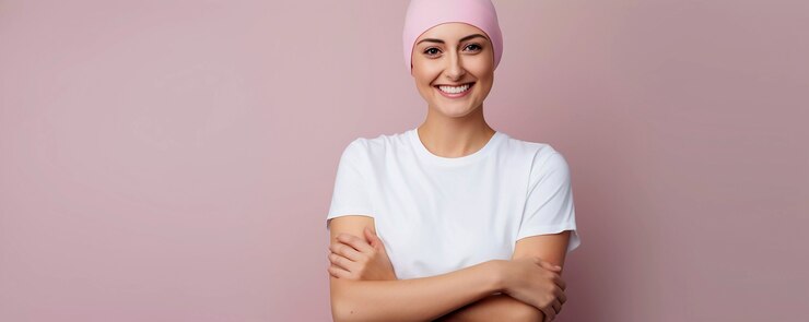 Foto gratuito vista frontal de una mujer positiva con cáncer