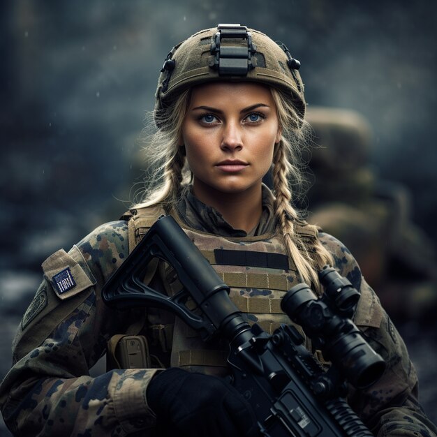 Vista frontal mujer soldado con equipo