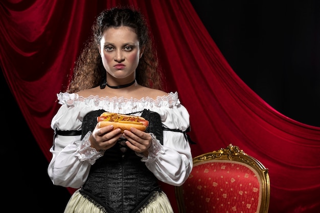 Vista frontal mujer sosteniendo hot dog