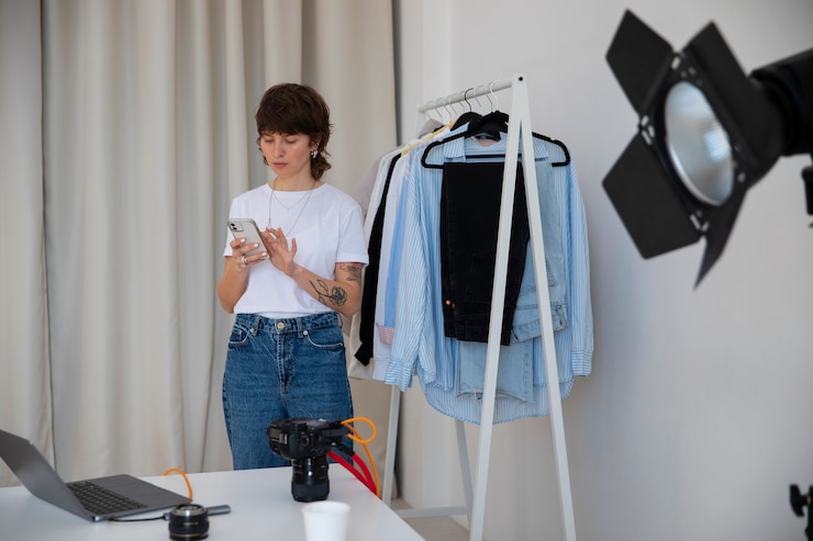 Foto gratuito vista frontal mujer trabajando en estudio de fotografía